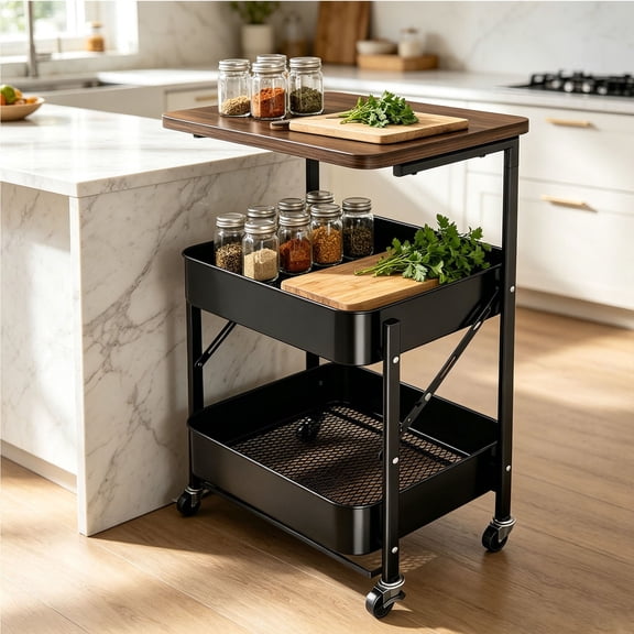 Zehiseta Mobile Kitchen Organizer, 2 Tier Foldable Mesh Rolling Cart with Wood Tabletop for Kitchen Living Room