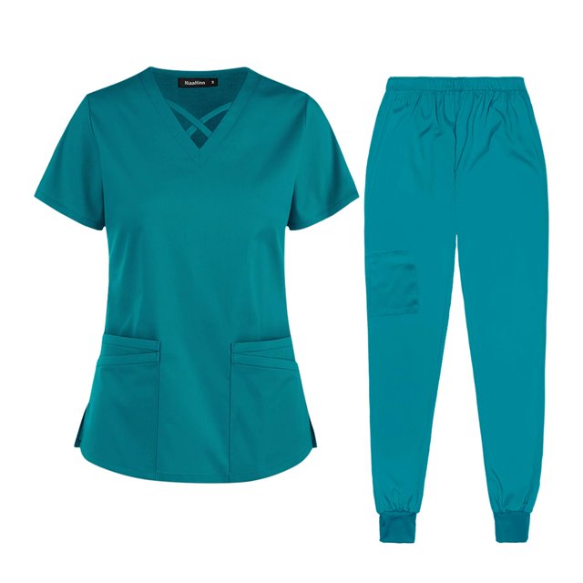 Uniformes para mujer Scrub Set con cuello en V Hospital Enfermera Top Pantalones Ropa Manga corta Pantalones largos Cómodos trajes de trabajo Ropa de - M lago azul Sunnimix Pantalones médicos de enfermera