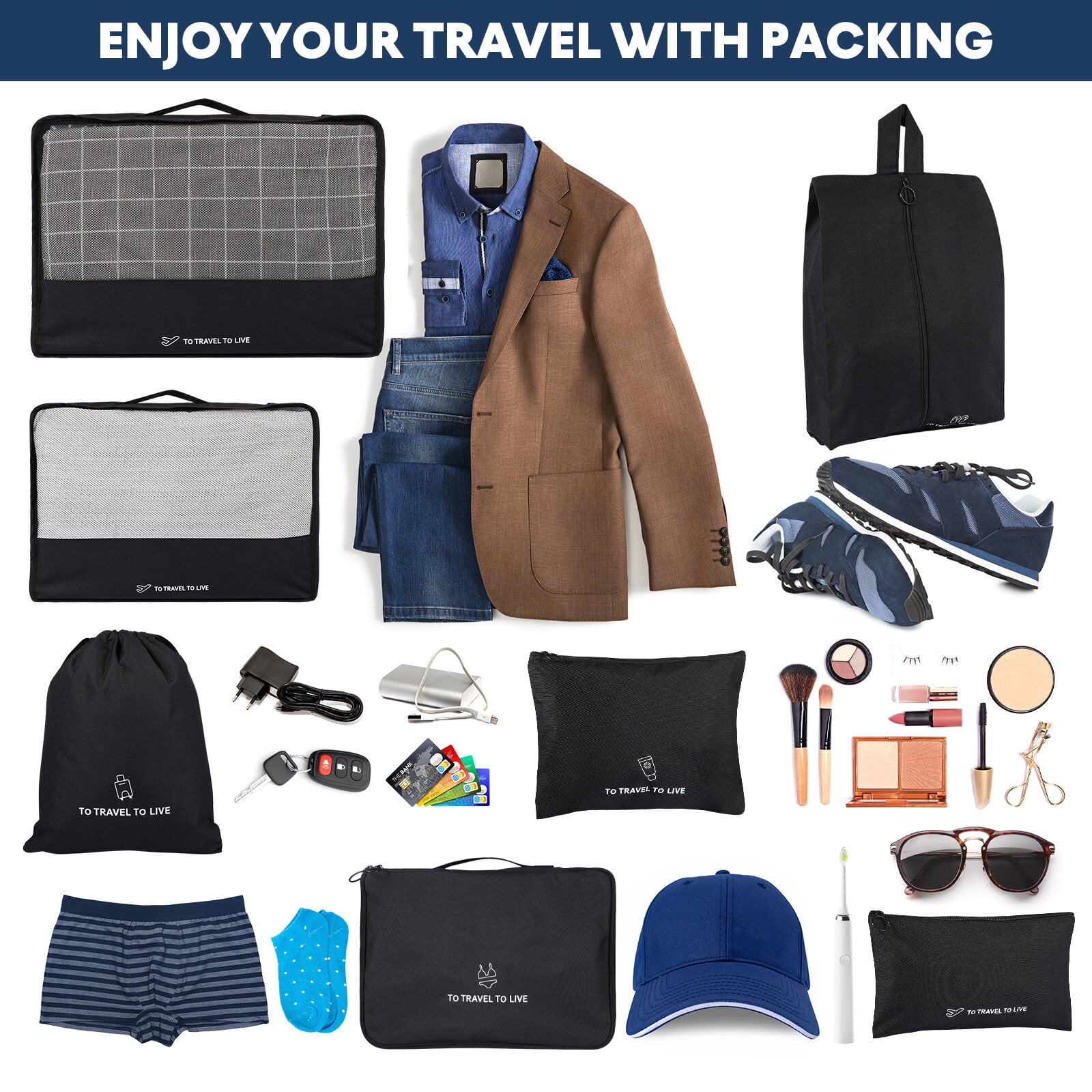 ETEREAUTY Packing Cubes Black Travel Storage Bags for Suitcase Organizers