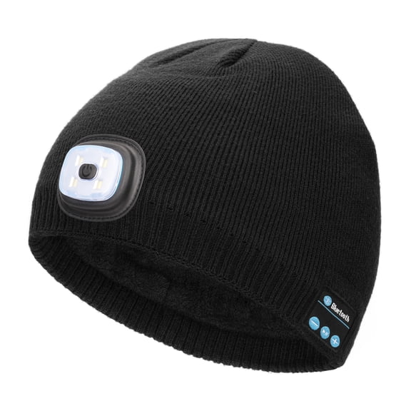 CENSGO Fleece Lined Bluetooth Beanie with a Light, Musical Stocking Cap with Headphones and Speaker Mic, LED Bluetooth Beanie Cool Gadgets for Men (Black)
