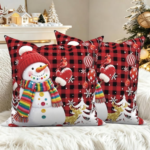 18x18 Inch Christmas Snowman Throw Pillow Covers Set of 2 Double-Sided Red Black Buffalo Plaid Winter Holiday Decorative Pillow Cases