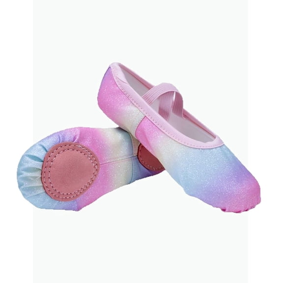 Gyujnb Kids' Glitter Rainbow Ballet Dance Shoes Soft Sole Elastic Strap for Practice & Performance, Closed Toe Flat Heel,7.5-8 Years