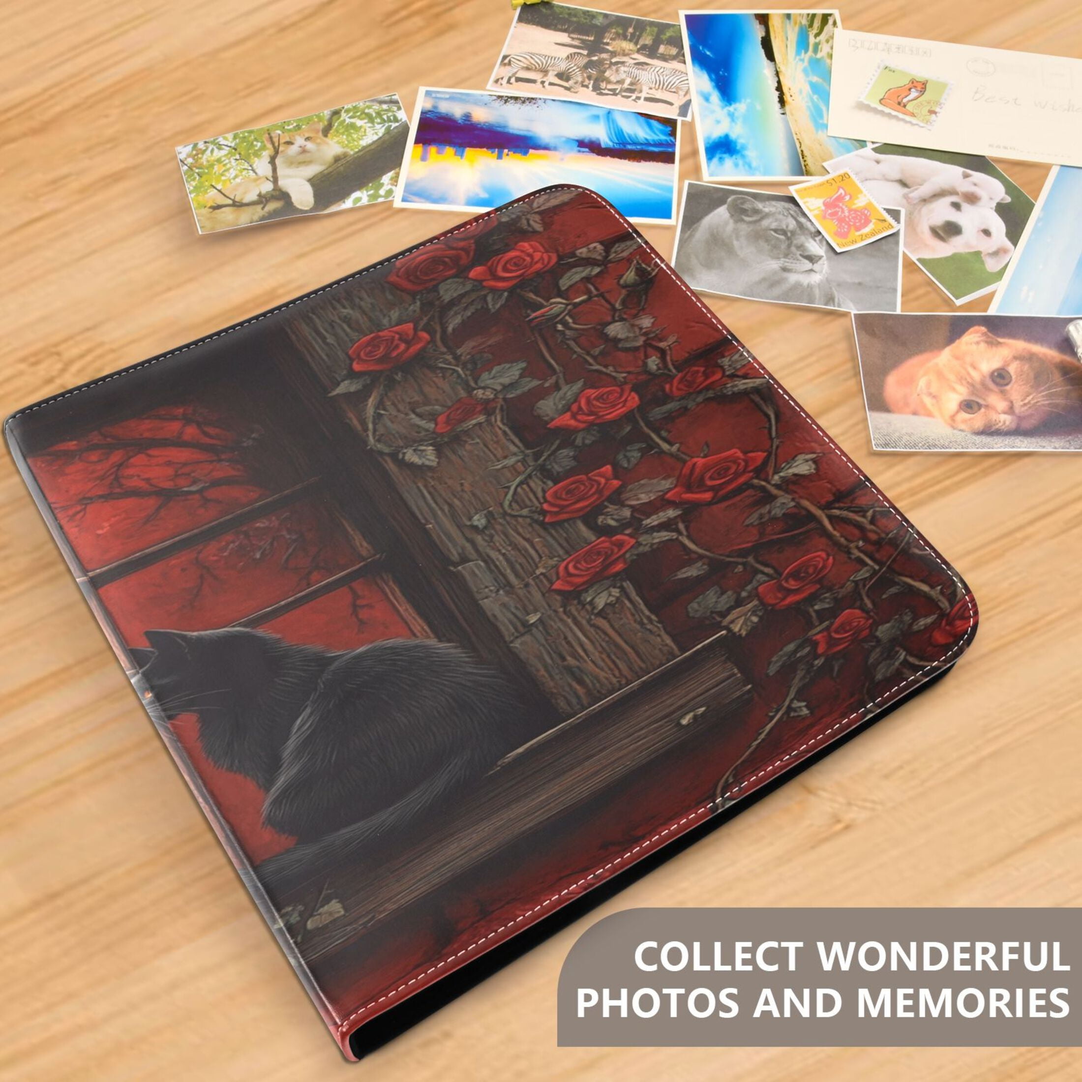 BZSMCE Photo Album Book Scrapbooking Black Cat with Rose Printed Picture Album