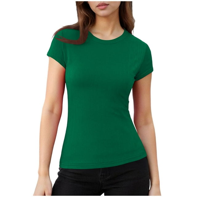 Women's Ribbed Knit Crewneck Tee, Short Sleeve Slim Fit Stretch Solid Color Summer Top,Green,L