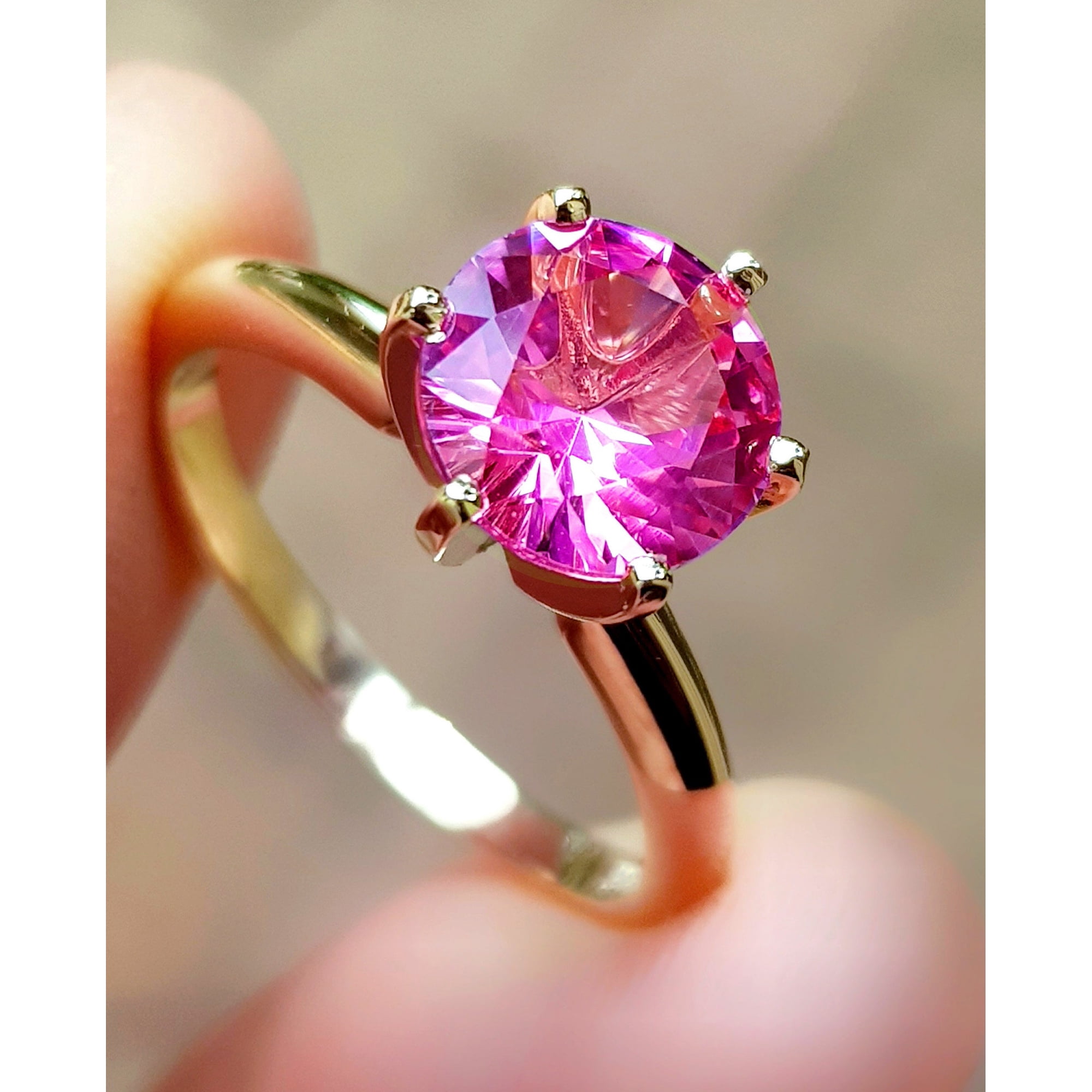 Genuine 8 mm Pink Sapphire Solitaire Ring. Solid Silver Gold Engagement. Pink Diamond Alternative. Wedding Ring. Round Pink Jewelry