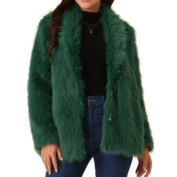 DARING DIVA Women's Faux Fur Coat Long Sleeve Pockets Lapel Fluffy Overcoat S Dark Green