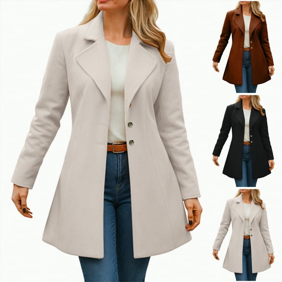 Towmus Womens Winter Single Breasted Coat Mid Long Wool Blend Trench Coat Fall Winter Notch Lapel Pea Coat Long Sleeve Workwear Suit Jacket