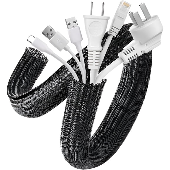 ICERUN Cable Sleeve, 2 Pack 5ft - 1.2 Inch Cable Management, Desk Cord Cover Organizer Wire Hider for Home Office Computer TV Wire Loom Tubing, Pet Proof Cord Protector from Cat Dog Chewing