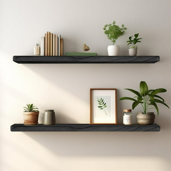 Floating Shelves 24 Inches Long, Set of 2 Rustic Wood Wall Mounted Shelves, Wall Picture Ledge Shelf with Invisible Metal Brackets for Living Room, Bedroom, Bathroom, Black