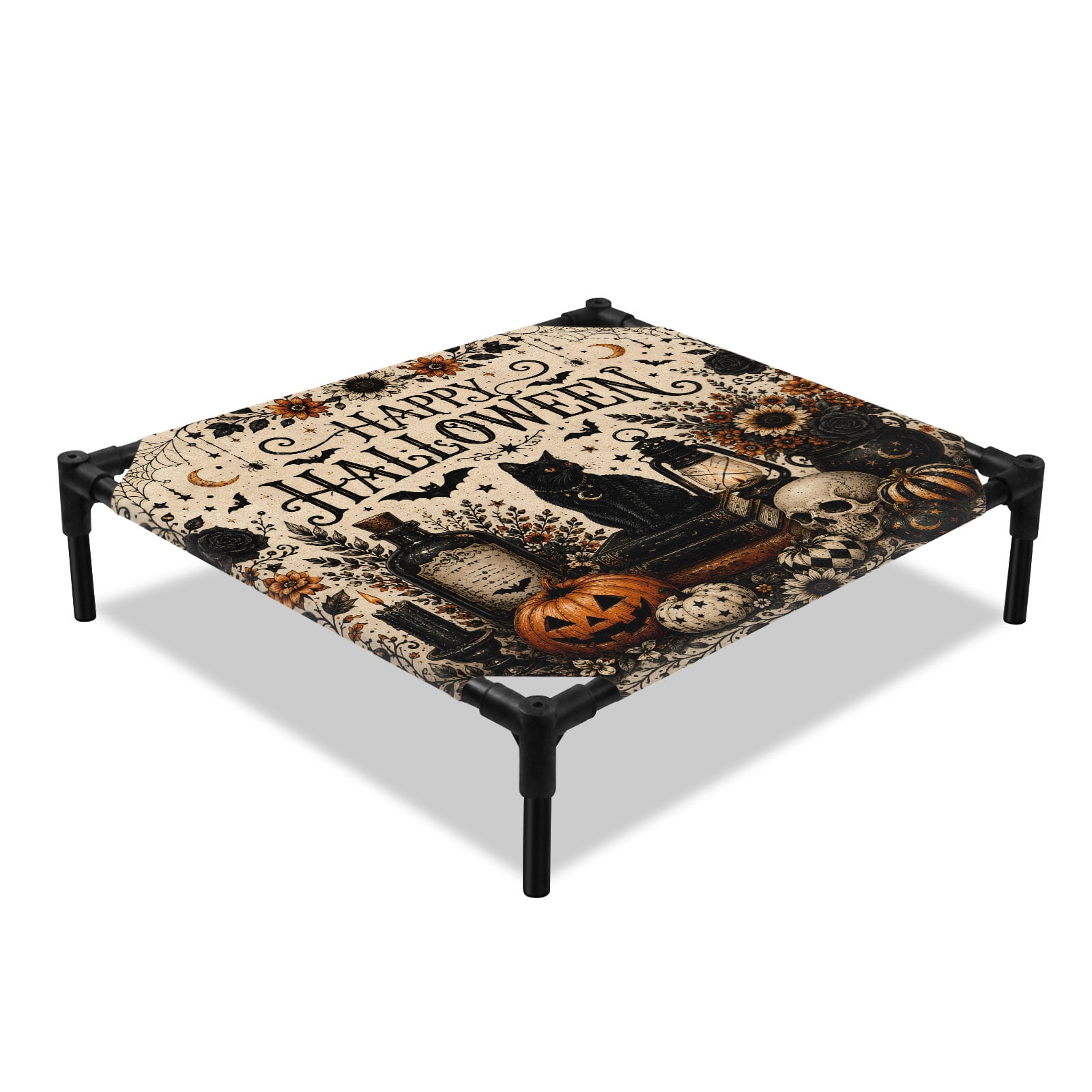 Black Cat Elevated Dog Bed Happy Halloween Goth Rust Dark Skulls Lanterns Flower Cooling Breathable Outdoor Raised Dog Cot Bed with Metal Frame Non-Slip Feet for Small Dog 20x20in