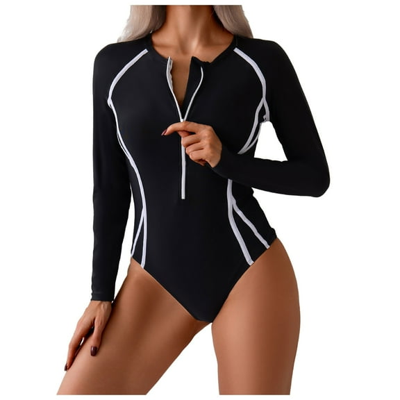 Hauetro Women's Long Sleeve One Piece Rash Guard Swimsuit Zip Front Surfing Swimwear(Black,L)