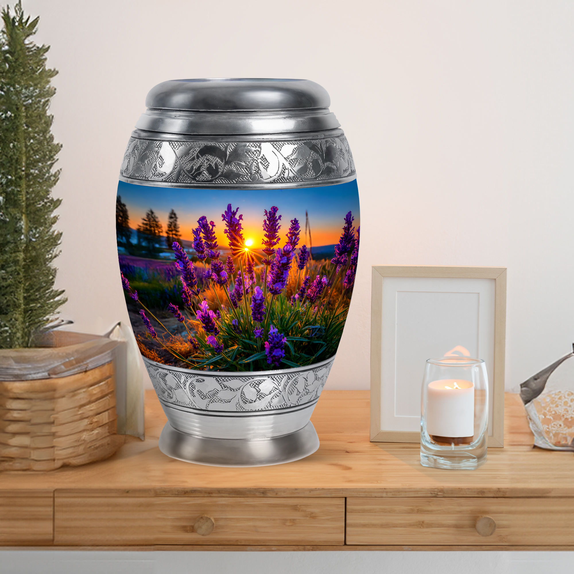 MUKTIVE Lavender Grass Adult Urns for Human Ashes Men & Women, Funeral Sunrise Urns for Human Ashes, Large Blue Cremation Urn for Adult Male, Memorial Ash Holder, 10 Inch