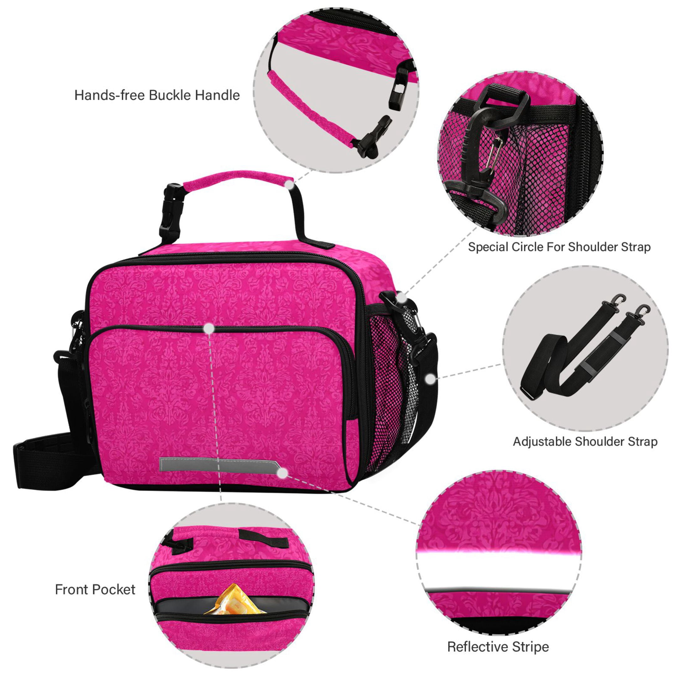 Hot Pink Flower Patterns Insulated Lunch Bag Portable Cooler Bag Mommy Bag Large Capacity 6L