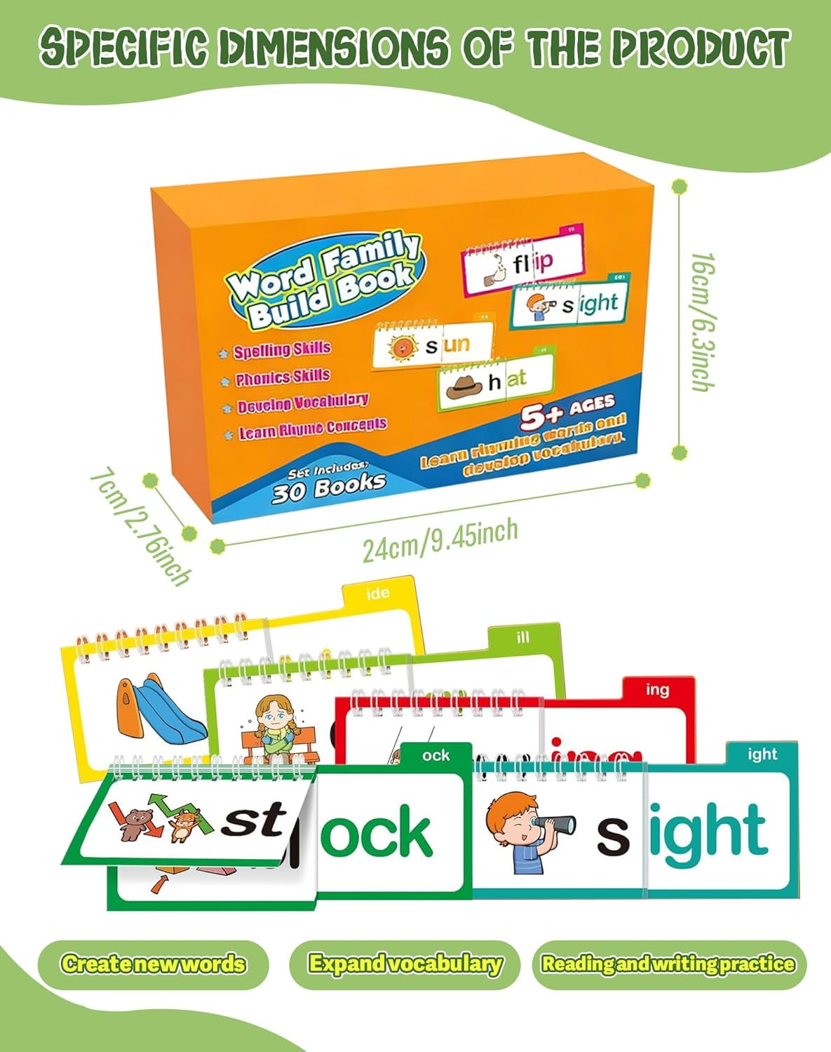 30 Read and Rhyme Flip Books, Word Family Build Book with Phonics & Sight Words Flash Cards, Interactive Reading Games for Kindergarten Classroom