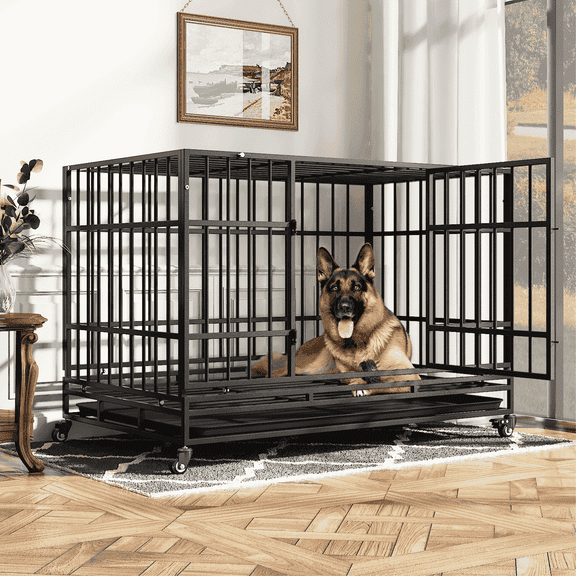 TIMHAKA 48 Inch Heavy Duty Steel Dog Crate with Wheels, Tray & Double Doors for Large Dogs