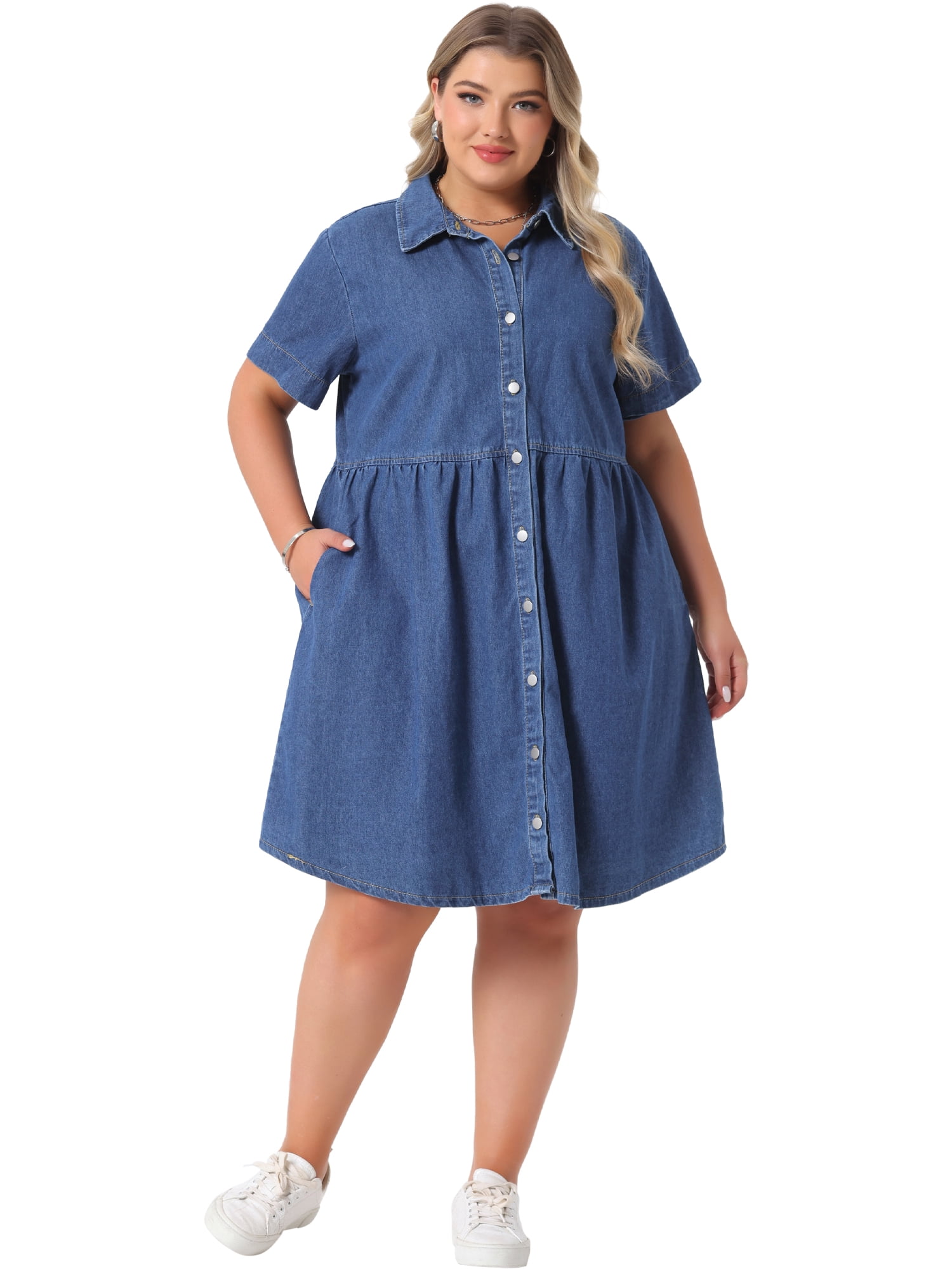 DARING DIVA Women's Plus Size Casual Denim Babydoll Pockets Dress 2X Mid Blue