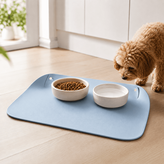 Cat Food Mat, Waterproof Anti-Slip Leather Pet Feeding Mat with Snap-Button Half-Wrap Design, Easy Clean Dog Cat Bowl Placemat for Indoor Pets