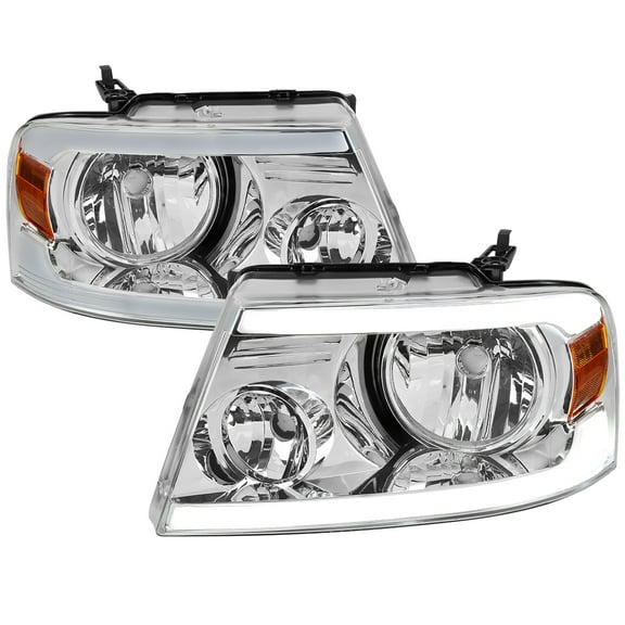 LED Strip Factory Style Headlights (Chrome Housing/Clear Lens) Made for and Compatible with 2004-2008 Ford F-150/ 2006-2008 Lincoln Mark LT