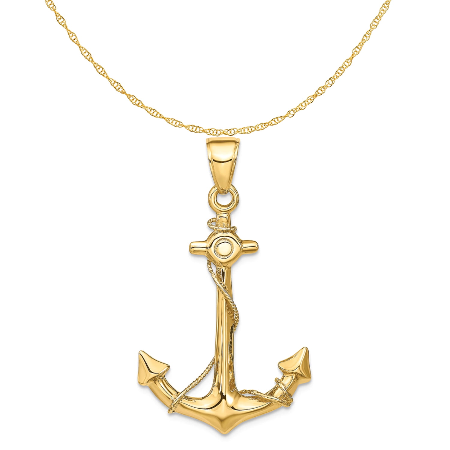 Carat in Karats 14K Yellow Gold 3-D Anchor With Rope Pendant Charm (39mm x  24mm) With 14K Yellow Gold Lightweight Rope Chain Necklace 20''