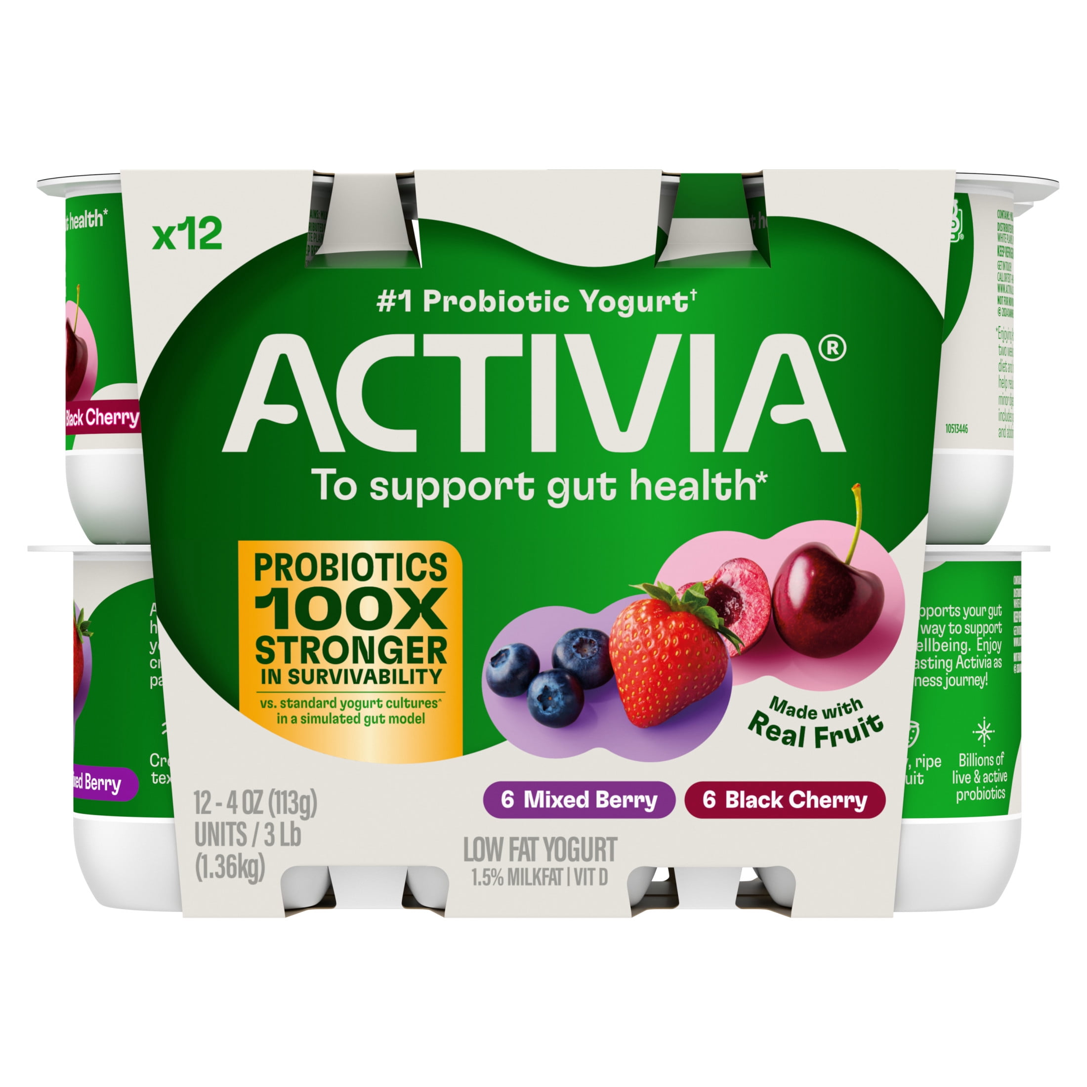 Activia Black Cherry and Mixed Berry Low Fat Probiotic Yogurt Cups Variety Pack, Helps Support Gut Health, 4 oz, 12 Count