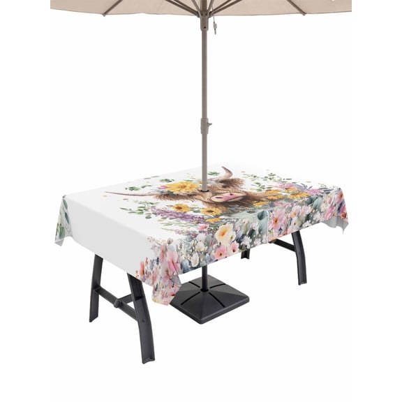 Outdoor Tablecloth with Umbrella Hole for Patio/Picnic/Party/Camping, Spring Cow Floral Waterproof Table Cloth Rectangle Table Cover Washable, Green Eucalyptus Leaves Botanical (54"x 80")