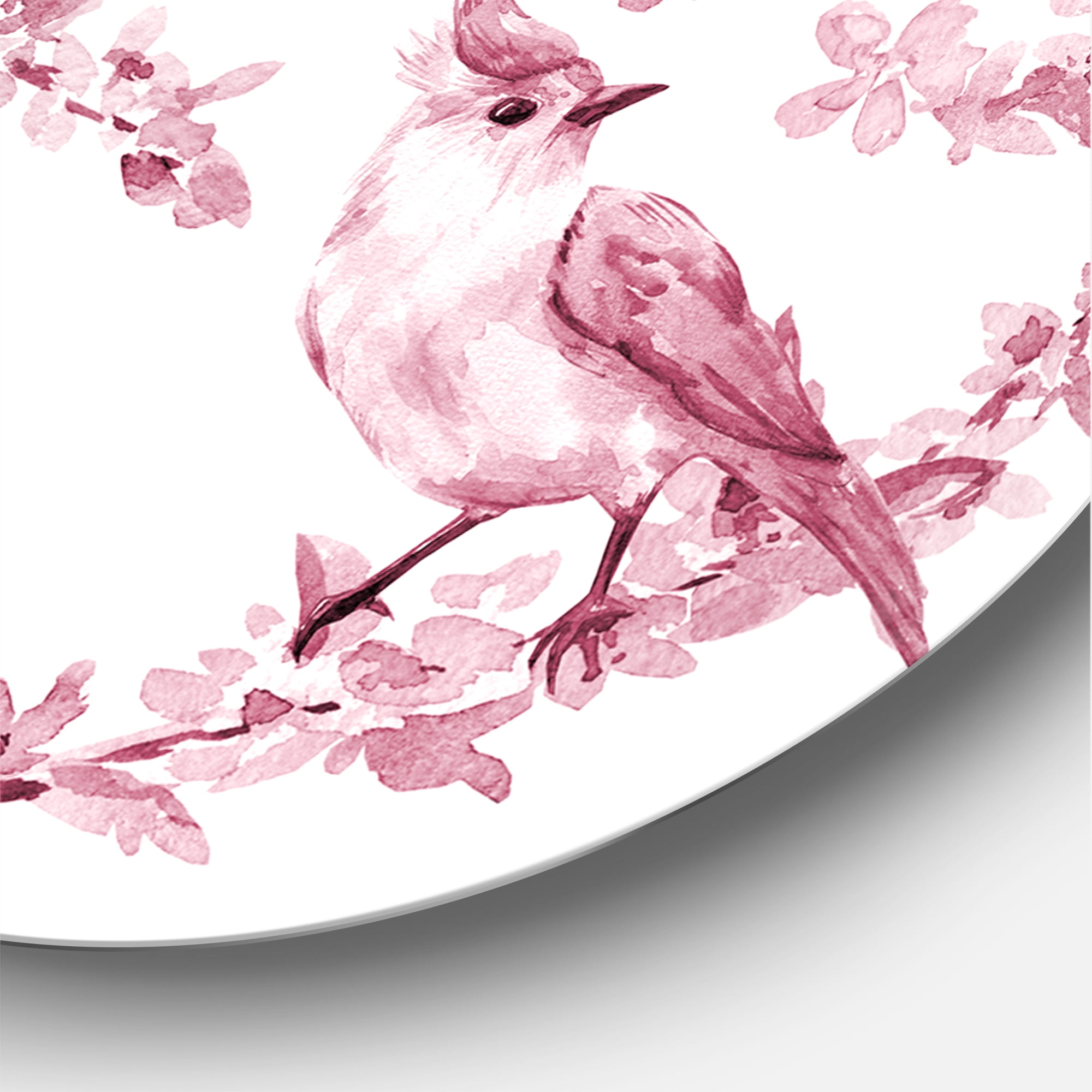 Designart 'Beautiful Pink Birds Sitting On Flowering Branches' Traditional Circle Metal Wall Art 23x23 - Disc of 23