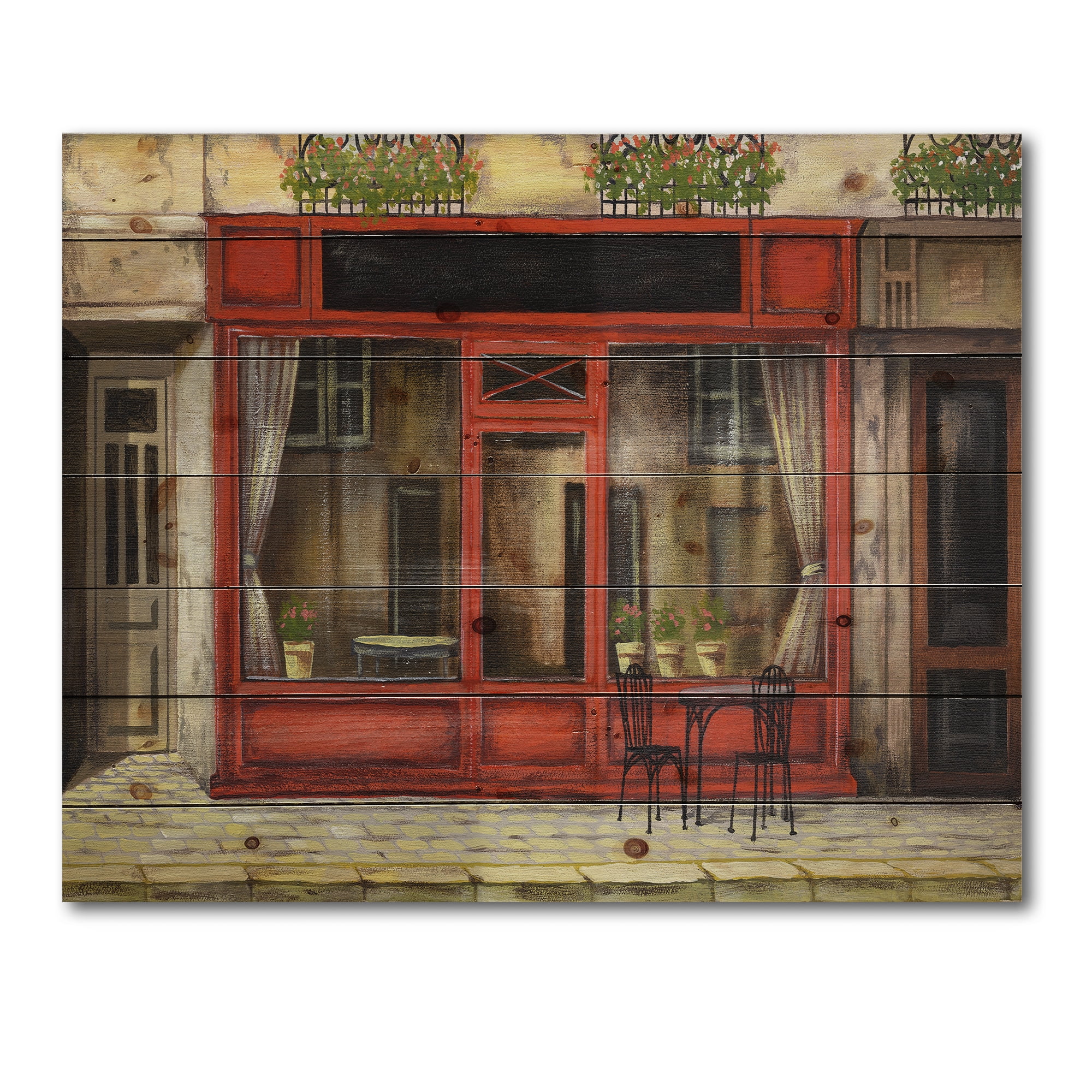 Designart 'Red Facade of Charming Shop In Paris Street I' French Country Print on Natural Pine Wood