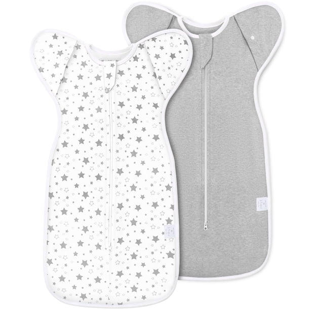 ANYEDDE Paquete de 2 sacos de dormir para bebé de 3 a 6 meses, pañales de transición con puños extraíbles y cremallera de 2 vías, diseño de estrellas grises, saco de algodón transpirable para recién n