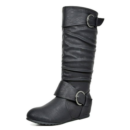 

Dream Pairs Womens Wide-Calf Knee High Low Hidden Wedge Slouch Buckle Boots Ura Black Size 11