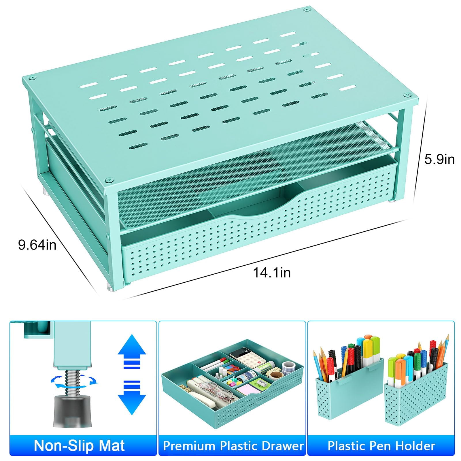 Desk Organizers And Accessories  Monitor Stand With Drawer 2 Pen Holder Desktop Organizer Suitable For Offices Dormitories (blue)