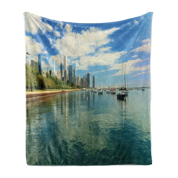 Illinois Soft Flannel Fleece Blanket, Lake Michigan Scenery with a Yacht Downtown Chicago Skyline Panoramic Landscape, Cozy Plush for Indoor and Outdoor Use, 50" x 60", Multicolour, by Ambesonne