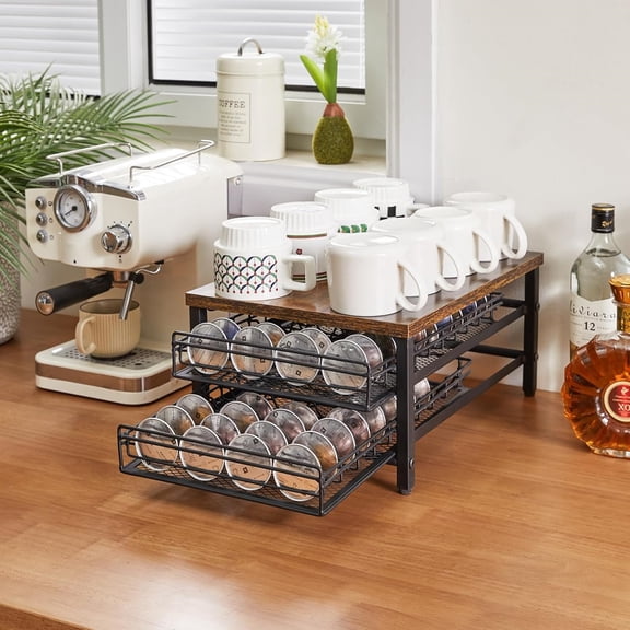 2-Tie Coffee Pod Drawer Holder,80 Capsule Pods,Compatible for Nespresso Vertuo Pods,Wooden Top and Mesh Shelves,Home Kitchen Counter Coffee Bar Organizer, Rustic Brown