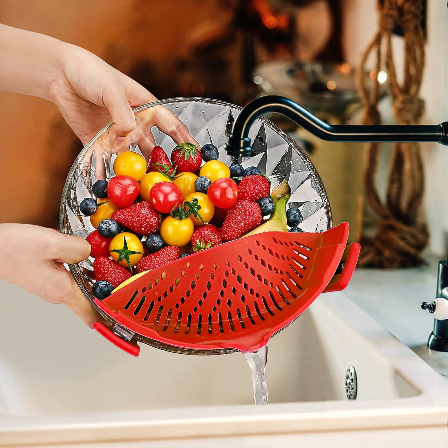 Red Pasta Strainer Silicone Clip on Strainer Adjustable Clip on Strainer for Pots Colanders and Strainers Silicone Strainer Food Strainer
