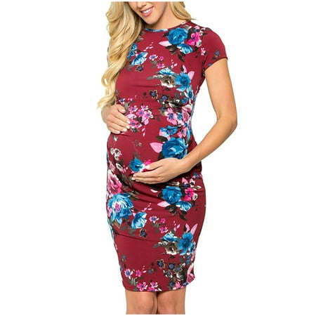 

Honeeladyy Clearance under 10$ Women s Maternity Short Sleeve Round Neck Floral Print Dress Pregnancy Clothes