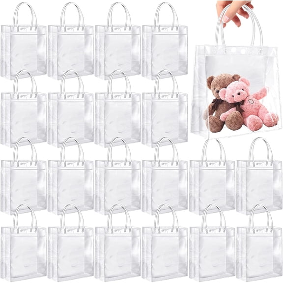 20 PCS Clear Gift Bags with Handle,Reusable Clear PVC Plastic Gift Bags,Transparent Gift Wrap Tote Bag for Shoping Boutique Birthday Wedding Party Favor Retail Business,7.87 x 7.87 x 3.14 In