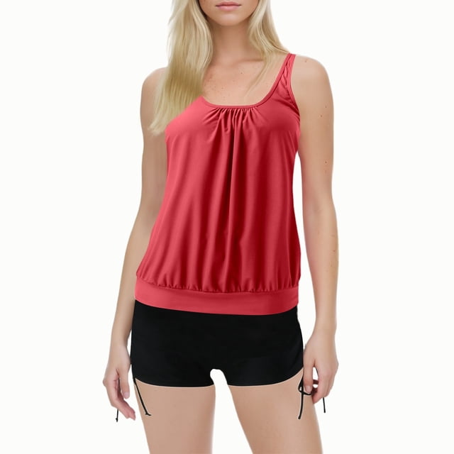 Swimming Suits for Women Solid Color Stylish Ruffle Tankini Tops with Boyshorts Red Womens Bathing Suits XXL