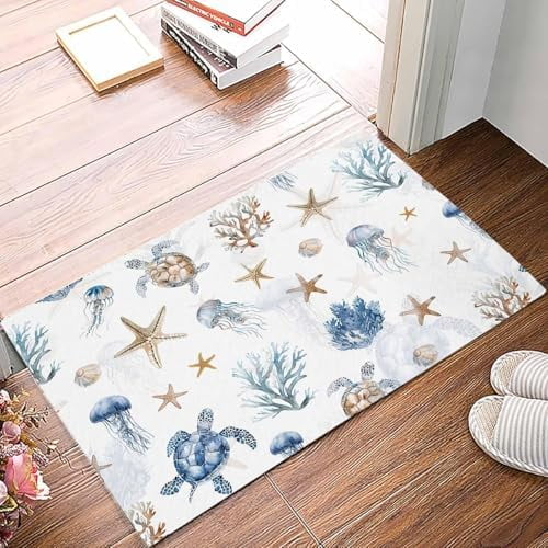 Doormat Indoor Entrance Home Decor Door Mat Blue Brown Coastal Floor Rugs for Kitchen Bathroom Nautical Summer Beach Sea Turtle Funny Welcome Mat 17x30 Inch.