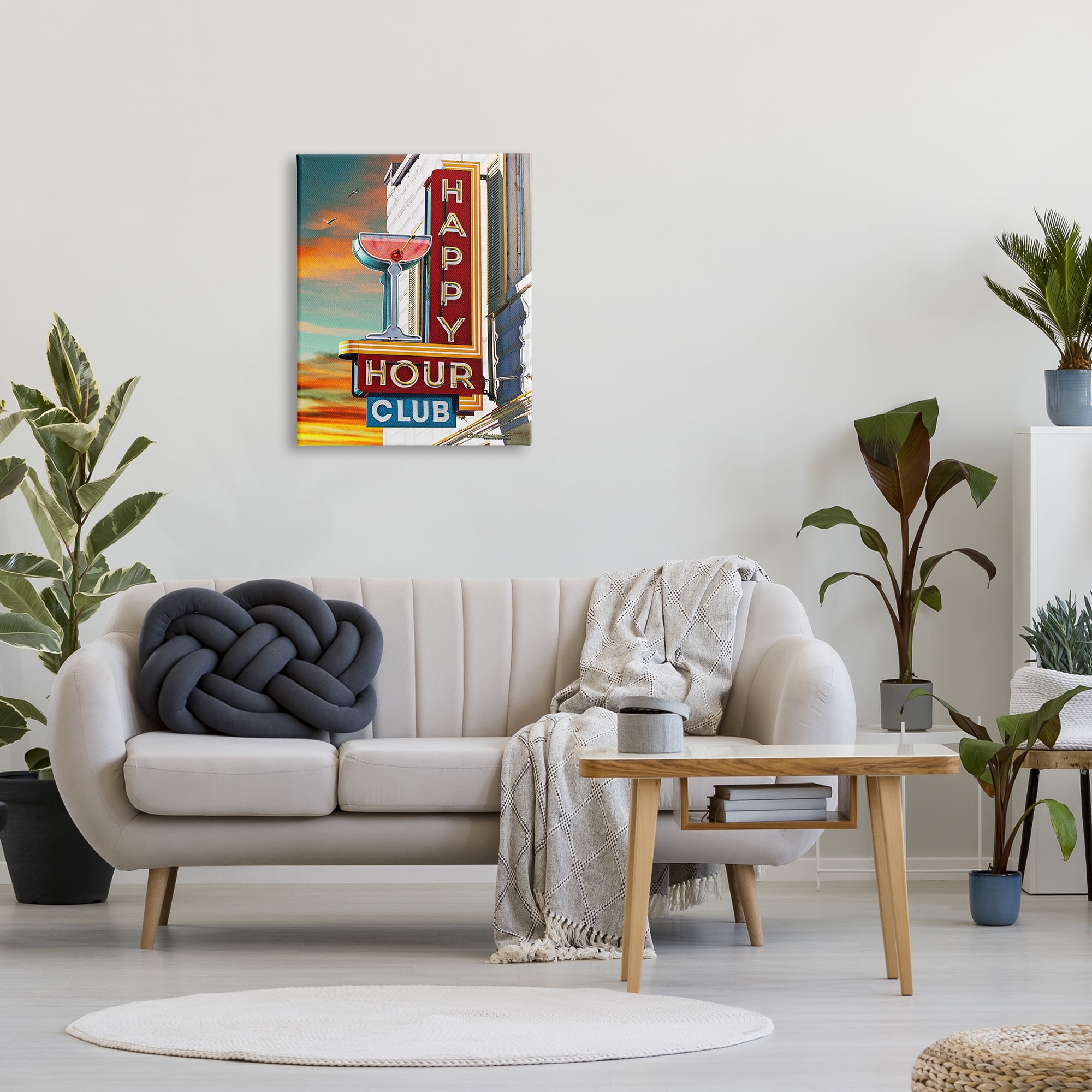 Stupell Industries Happy Hour Club Sign Food & Beverage Painting Gallery Wrapped Canvas Art Print Wall Art, 24 x 30