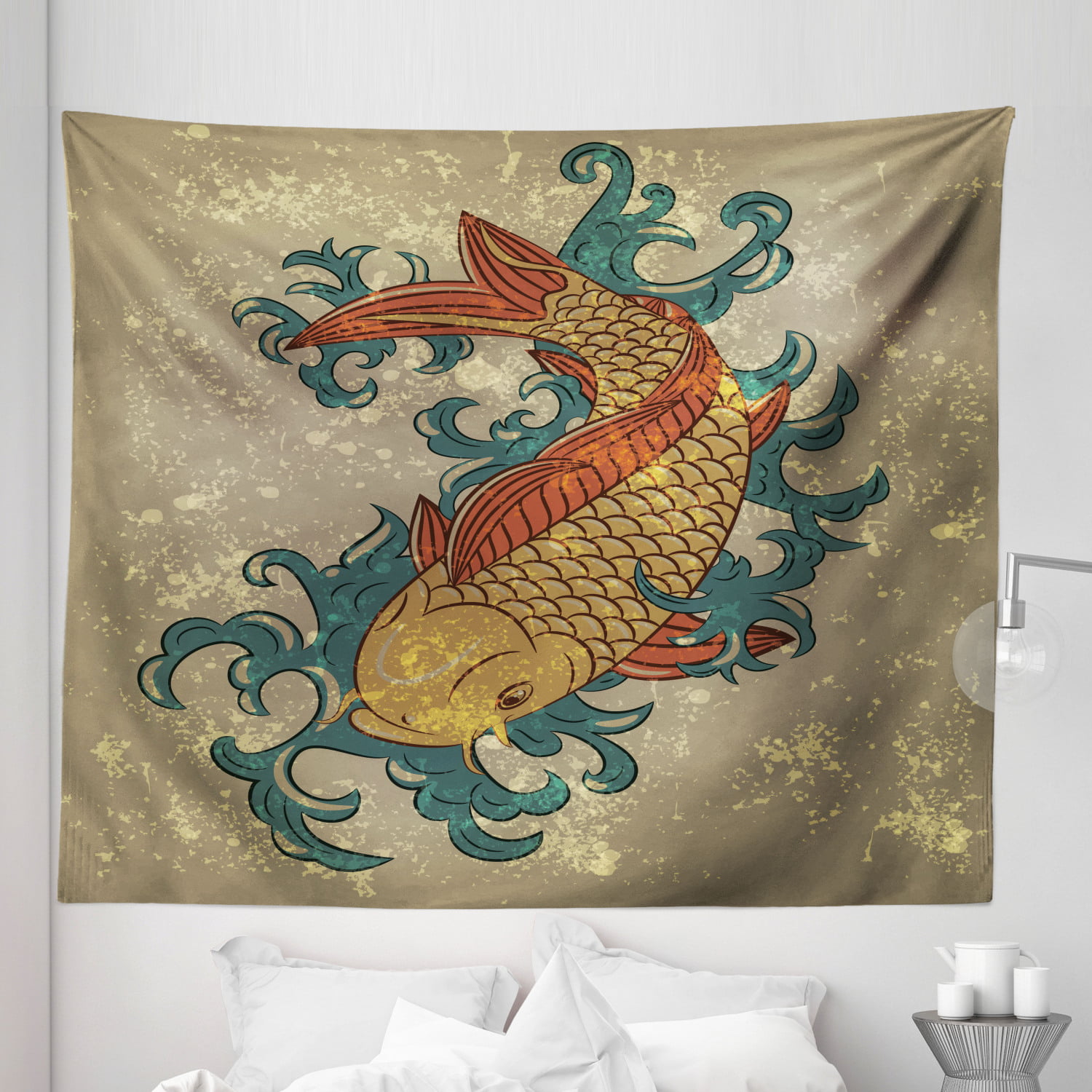 Ambesonne Japanese Tapestry, Grunge Style Oriental Water Koi Carp Fish Aquatic Theme Distressed Pattern, Fabric Wall Hanging Decor for Bedroom Living Room Dorm
