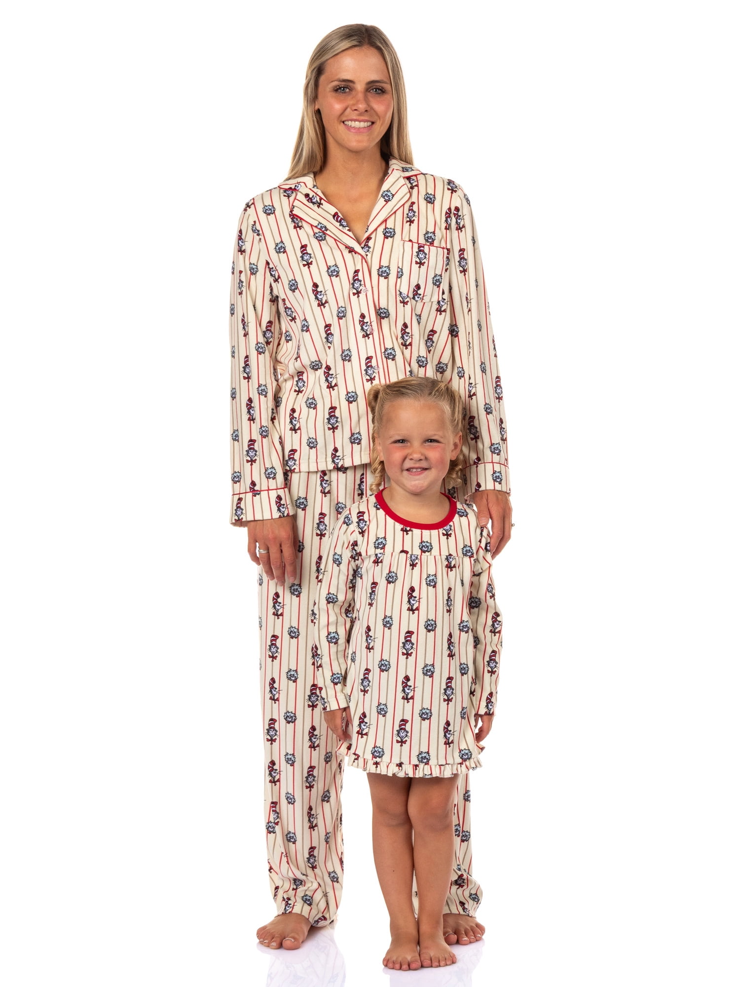 Dr. Seuss Cat in the Hat Matching Family Notch Collar Velour Pajama Sets, 2-Piece, Women's