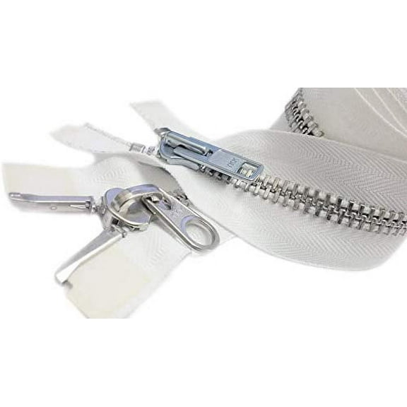 YKK #10 Extra Heavy Duty Aluminum White Parka"2-Way" Dual Separating Jacket Zipper - Color: White - Made in The United States (1 Zipper Per Pack)