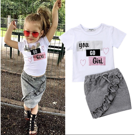 

Baby Girls Summer Clothes Set Short Sleeve T-shirt + Gray Ruffle Mini Skirts