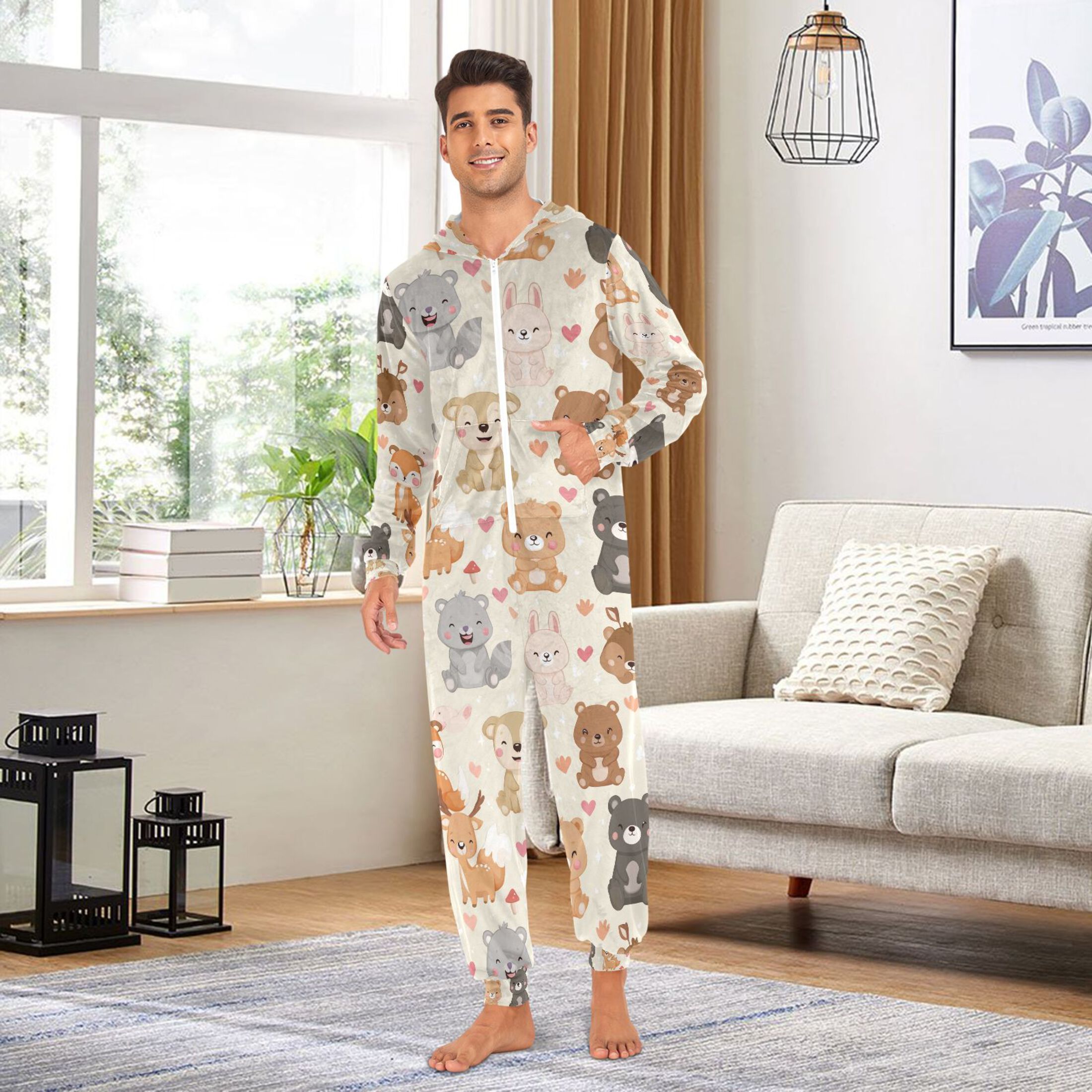 Adult Christmas Onesie Cute Animals Adult Zipper One-Piece Pajamas Unisex Pajamas with Pockets