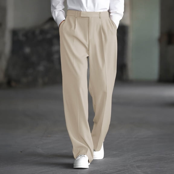 PNTUTB Men's Solid Color Pleated Drapey Casual Loose Comfortable Buckle Zipper Straight Leg Trousers with Pockets