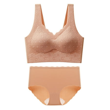 TUWABEII Women s Bralettes Seamless Large Size Backing Sling Traceless Gathered Back Underwear Two-piece Underwear Suit Wireless T-Shirt Bra