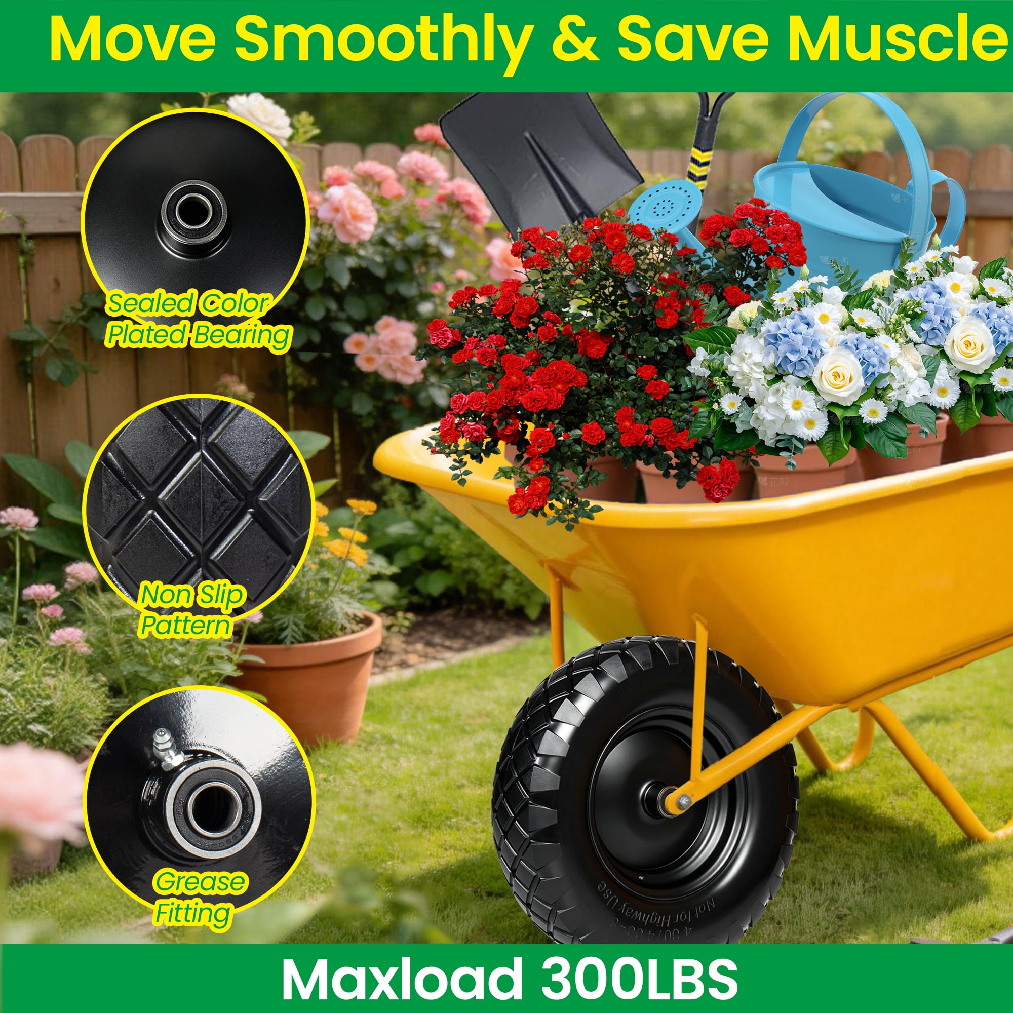 Leumius Set of 2 4.80/4.00-8 Flat-Free Solid Wheelbarrow Tire and Wheel, 16" Solid Tire with 5/8" & 3/4" Bearings, 3" Hub for Hand Truck, Garden Cart, Trailer, Trolley, Wagon