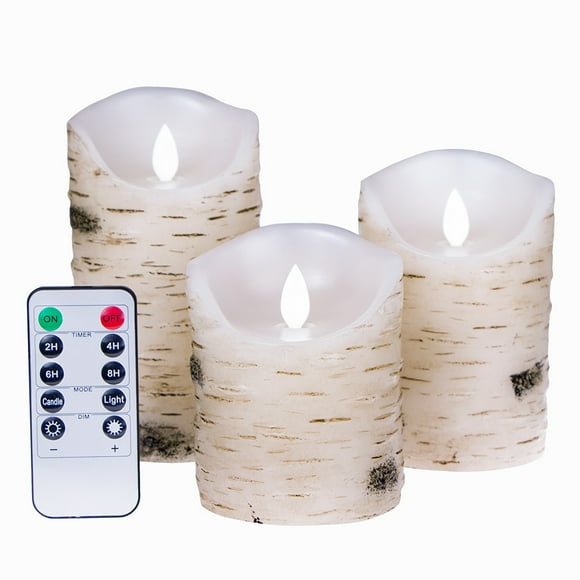 Flickering Birch Bark Candles, Set of 3 (Height: 10.16 cm, 13.7 cm and 15.24 cm x Depth: 8.25 cm), Battery Operated Birch Bark Candles, Real Wax with Remote Timer.