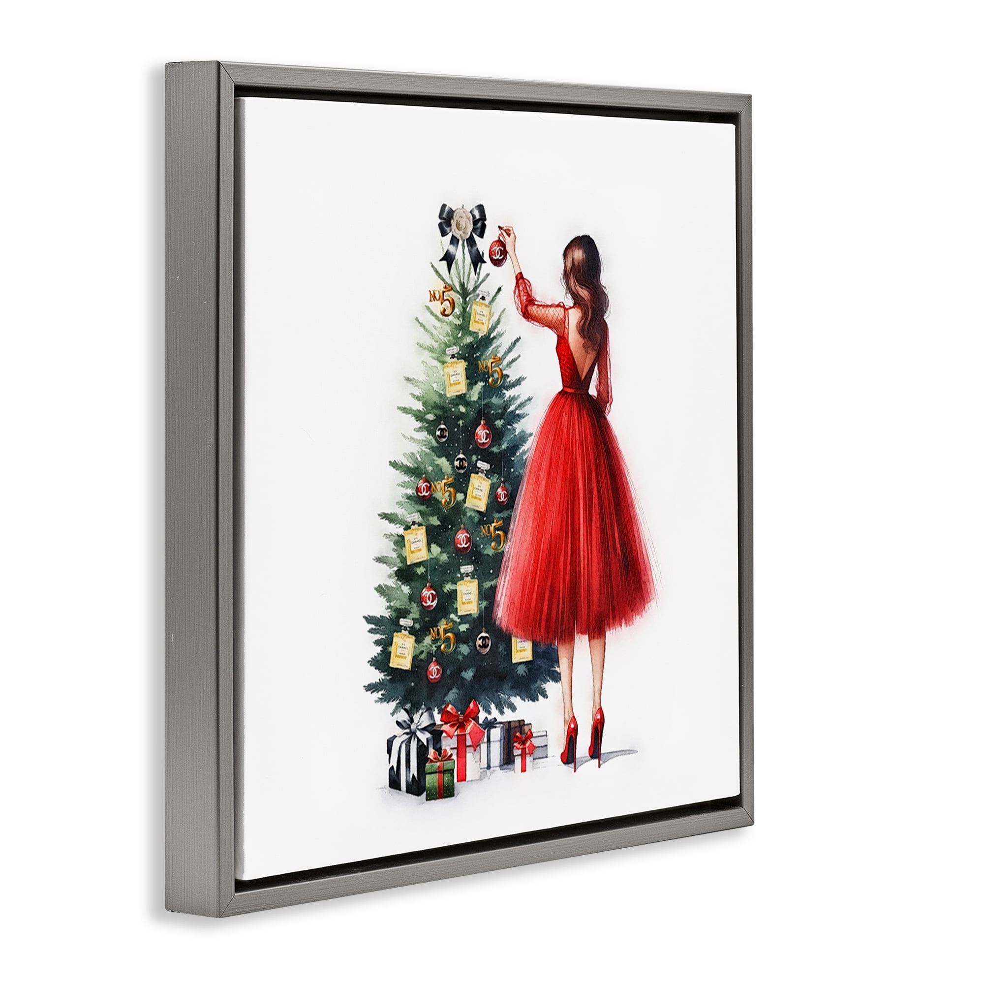 Stupell Industries Fashion Tree Ornaments Holiday Painting Gray Floater Framed Canvas Art Prints Wall Art, 18 x 18