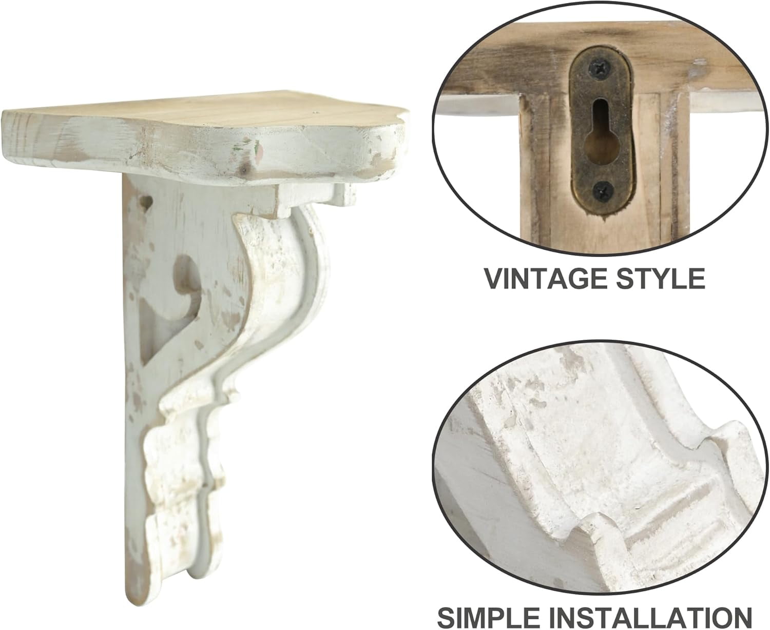 Wood Corbels Sets of 2 Wooden Shelf Brackets Corbels for Shelf Shabby White Wood Corbel Brackets Vintage Style, 6.5" x 4.9" x 8.7"