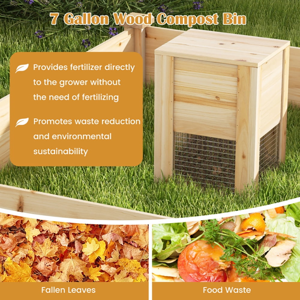Spaco 49" x 49" x 10" Raised Garden Bed with Compost Bin and Open-ended Bottom-Natural, Outdoor Elevated Flower Box for Backyard/Patio/Gardener